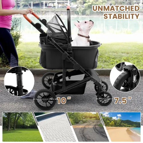 Vista 3 de Bicystar Cochecito para mascotas para perros medianos, cochecito para perros con transporte desmontable, ruedas de goma, combo de asiento de Negro