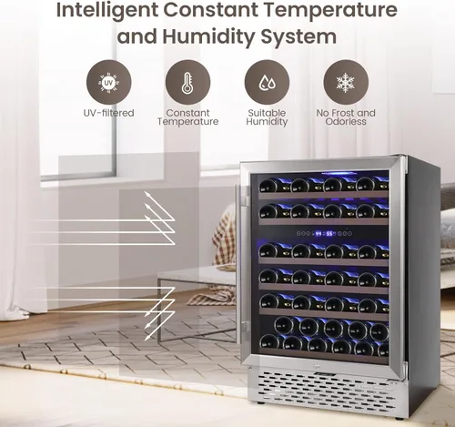 Vista 3 de Refrigerador de vino con 51 botellas, compresor de doble zona, refrigerador integrado o independiente con acero inoxidable sin costuras y puerta
