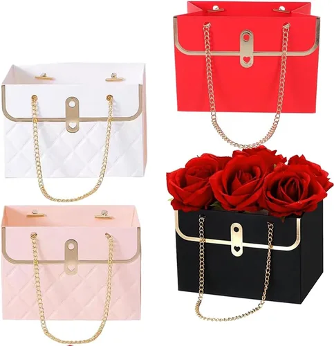 NADUSEP Caja de flores, cubo de almacenamiento de ramo de papel, bolsa de mano de flores de floristería con cadena de metal, cajas de flores 4 color