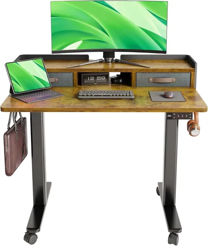 Vista 22 de Claiks Escritorio de pie con cajones, escritorio eléctrico ajustable de pie pequeño, altura ajustable con estante de almacenamiento y tablero