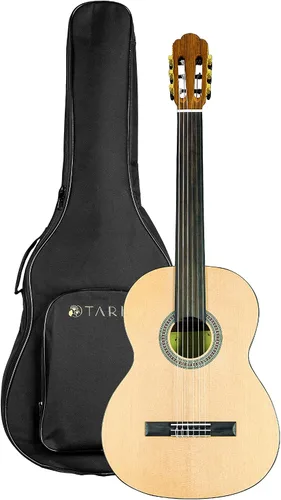 TARIO Guitarra clásica sin trastes de 39 pulgadas Guitarra acústica tamaño completo Tapa de abeto Ovangkol espalda y lados Okoume diapasón de laurel