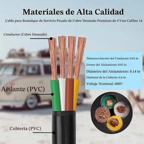 Vista 2 de Cable de Remolque de 4 Vías - Calibre 14, 4 Conductores, 10 Pies, Extensión de Cable Resistente de Cobre Puro, Cordón de Cableado para Remolque RV