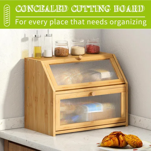 Vista 3 de BMOSU Panera grande para encimera de cocina, panera de doble capa para encimera de cocina, panera de madera de bambú con capacidad de almacenamiento