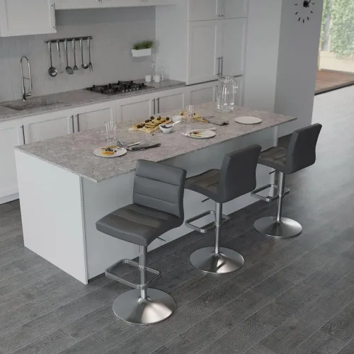 Vista 9 de Zuri Muebles Taburete de bar moderno de altura ajustable gris exuberante con base plana redonda cepillada