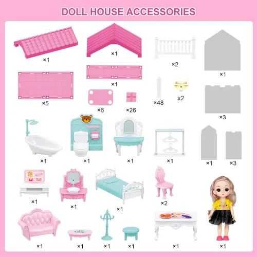 Vista 8 de Kit de casa de muñecas, accesorios y muebles de casa de muñecas, juego de construcción de bricolaje con muñeca y luces, casa de princesa de ensueño