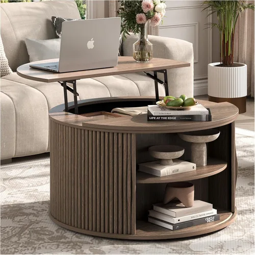 Vista 24 de Mesa auxiliar ovalada con almacenamiento, mesa de centro acanalada de 42.5 pulgadas con parte superior de elevación y patas de madera maciza, mesa