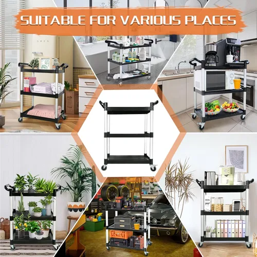 Vista 2 de Carros utilitarios con ruedas, carrito rodante de 3 niveles con ruedas, carrito de servicio de alimentos resistente de 510 libras con almohadilla