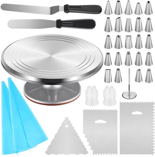 Kootek Tocadiscos de aluminio para tartas, soporte giratorio para tartas de 12 pulgadas, 35 piezas de suministros de kit de decoración de pasteles