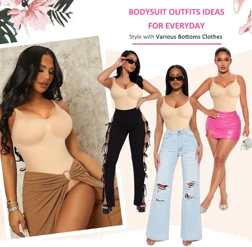 Vista 4 de BRABIC Body moldeador para mujer, bragas con control de abdomen, sin mangas, cuello en V, camisola