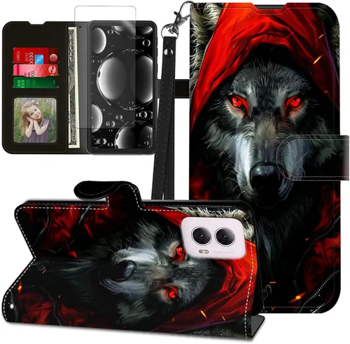 Vista 401 de Funda para Motorola Edge 2022 con protector de pantalla, soporte y tarjetero y correa para la muñeca, funda magnética para Moto Edge 2022 5G UW Lobo