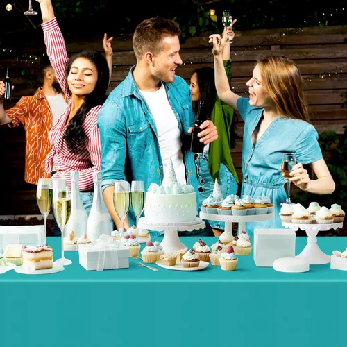 Vista 5 de Mantel rectangular de la serie azul y verde, 4 piezas, 54 x 72 pulgadas, color sólido, impermeable y a prueba de derrames, mantel de plástico