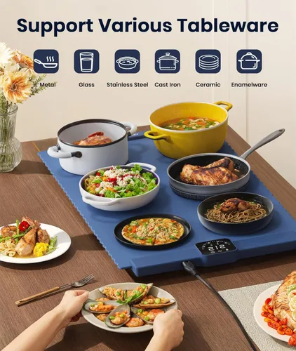 Vista 5 de Alfombrilla de Calentamiento de Alimentos, Bandeja de Calentamiento Eléctrica con 5 Configuraciones de Temperatura para Mantener la Comida Caliente
