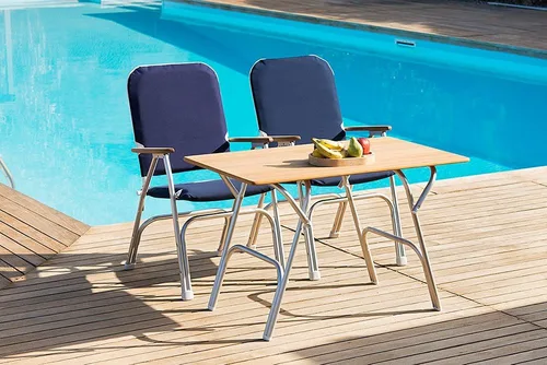 Vista 2 de FORMA MARINE Silla de barco azul marino grande cubierta acolchada plegable de aluminio marino teca apoyabrazos muebles Venus V100NB