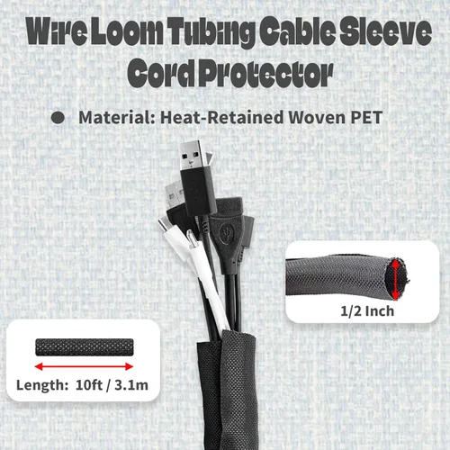 Vista 3 de Funda de cable negro de 10 pies, 1/2 pulgada, protector de cable de funda dividida, organizador de cables de escritorio, telar de alambre
