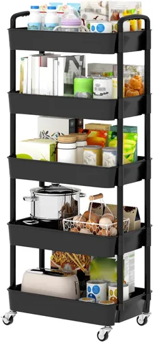 Vista 19 de Sywhitta - Carrito rodante de utilidad de plástico de 4 niveles con asa, carrito de almacenamiento multifuncional para oficina, sala de estar