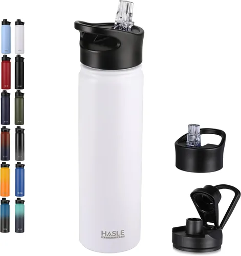 Vista 47 de HASLE OUTFITTERS Botella de agua aislada de 22 onzas, botella de agua de acero inoxidable de doble pared de boca ancha con tapa de popote y tapa