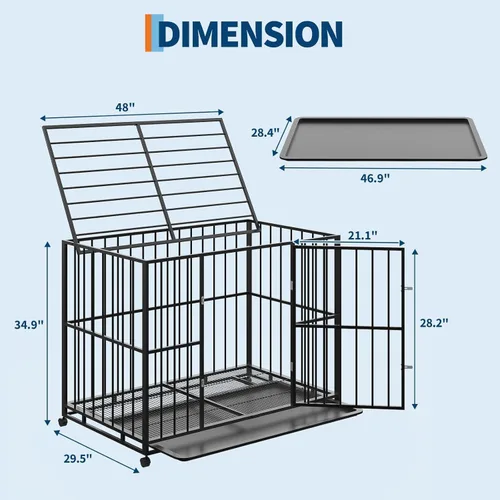 Vista 3 de Jaula para perros de 48 pulgadas, perrera de acero inoxidable para uso en interiores, jaula para perros a prueba de fugas con ruedas y bandeja