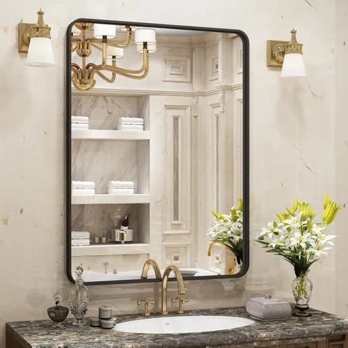 Vista 38 de Espejo rectangular para pared de baño de 20x30 pulgadas con marco negro mate, espejo de tocador con esquinas redondeadas, espejo de baño de metal