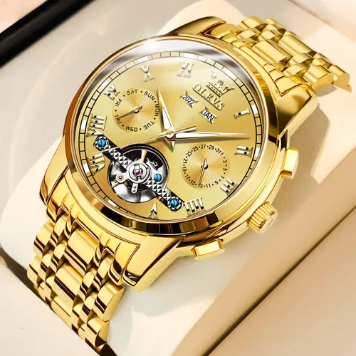 Vista 2 de OLEVS Reloj para hombre Tourbillon automático mecánico de cuerda automática, reloj de pulsera de lujo con doble calendario de acero inoxidable