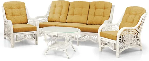 Vista 3 de Malibu Lounge Juego de 4: 2 sillas de mimbre de ratán natural, sofá de tres plazas con cojines marrón claro y mesa de centro con vidrio hecho a