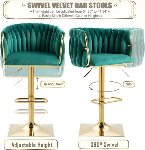 Vista 6 de Juego de 2 taburetes de bar giratorios de terciopelo, taburetes de bar ajustables y cómodos, silla de comedor moderna con respaldo tejido, taburetes