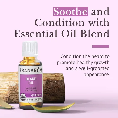 Vista 2 de Pranarom - Aceite para barba (1.0 fl oz) - Grado terapéutico natural 100% puro - Jojoba, cedro e incienso Certificado orgánico USDA y ECOCERT