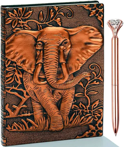 Diario de Cuero Vintage con Elefante 3D con Juego de Bolígrafos, Libreta Diaria de Cuero Antiguo Hecha a Mano, Cuaderno de Bocetos, Diario de Viaje