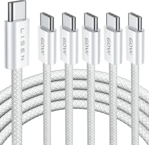 Vista 19 de LISEN Cable USB C, paquete de 5 cables USBC a USBC [0.5 pies] para iPhone 17 16e 15 Pro Max, cable de carga rápida de 60 W C a C para Galaxy Negro
