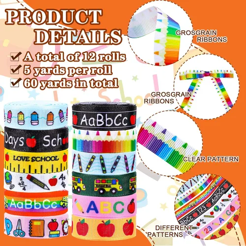 Vista 3 de Whaline 12 rollos de cinta de grogrén para el regreso a la escuela, 60 yardas, con temática de profesor escolar, borde con alambre, lápiz de autobús