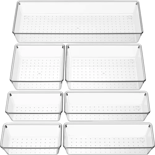 Criusia Organizador de Cajones Transparente 7 PCS - 5 Tamaños Bandejas Organizadoras de Plástico Versátiles para Cocina y Baño, Contenedores de
