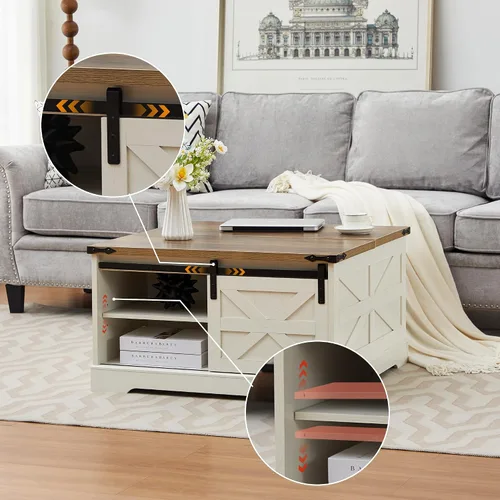 Vista 5 de Mesa auxiliar con tapa elevable, mesa de centro cuadrada de madera con puerta corrediza de granero y estante ajustable, mesa central rústica