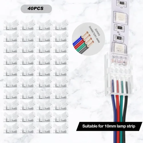 Vista 3 de Paquete de 40 conectores de tira LED de 4 pines, conectores LED de 0.394 pulgadas para tira de luces, conector de tira LED a cable, clips RGB sin