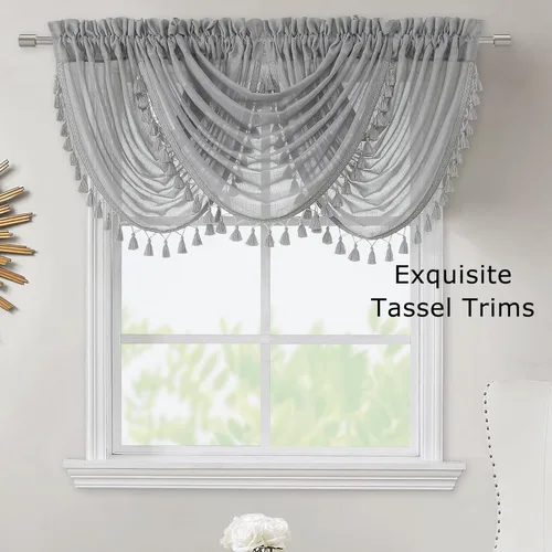 Vista 3 de Vision Home Cortina de cascada semitransparente gris plateado con adornos de borlas decorativas, mezcla de lino sólido, cortina para cocina