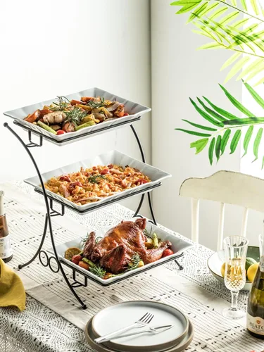 Vista 3 de YHOSSEUN Soporte de Bandeja Escalonada Grande, Juego de Horneado de Porcelana con Bandeja de Servir de 3 Niveles con Soporte para Servir, Servidor
