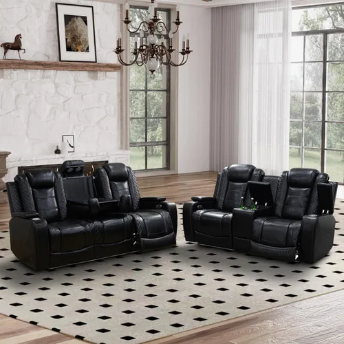 Vista 35 de Juego de sofá reclinable eléctrico para sala de estar, sofás reclinables de cuero blanco crema con puerto USB, sofá de cuero con sillón reclinable