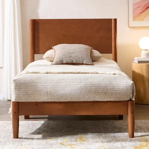 Vista 9 de AMERLIFE Marco de cama individual de madera maciza, cama de plataforma moderna de mediados de siglo con cabecera de panel completo, patas