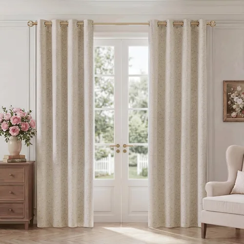 Vista 6 de Cortinas opacas de jacquard floral beige de 63 pulgadas de largo para sala de estar, dormitorio, felpilla con flores, oscurecimiento de habitación