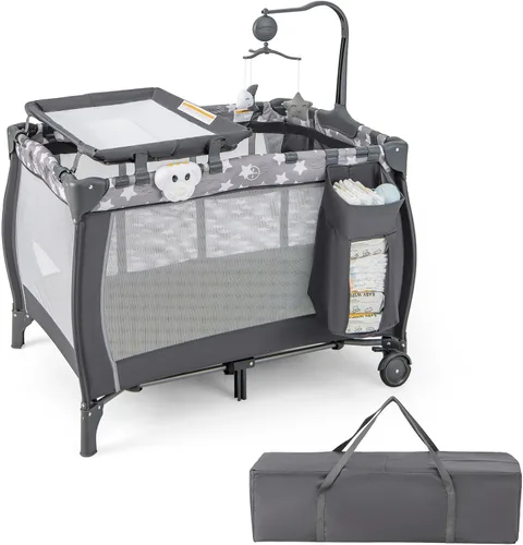HONEY JOY Pack and Play, corralito portátil 3 en 1 con moisés, cambiador, ruedas bloqueables, caja de música, centro de guardería plegable para cuna