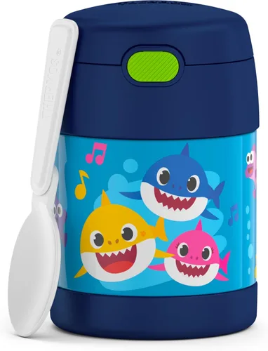 THERMOS FUNTAINER - Recipiente para comida con cuchara para niños con aislamiento al vacío, de acero inoxidable, 10 onzas, Baby Shark