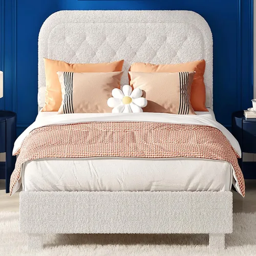 Vista 16 de VINGLI Base de cama individual para niños, cama de plataforma tapizada Boucle con cabecera ajustable, soporte de listones de madera resistente, cama