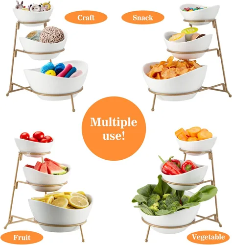 Vista 6 de HBlife Soporte de 3 niveles ovalado para servir con estante de metal, platos de cerámica para servir chips y inmersión, exhibición de alimentos