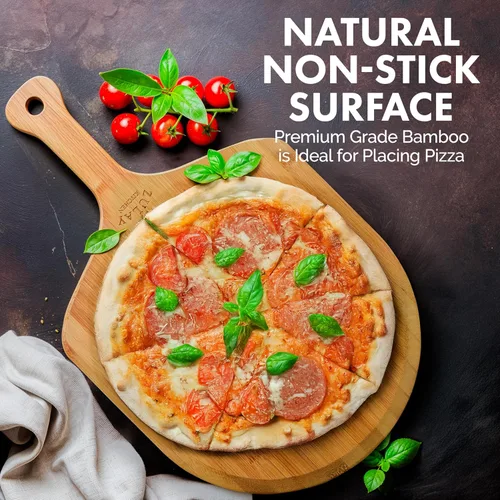 Vista 2 de Zulay (mediana de 12 pulgadas) auténtica madera de bambú para pizza, paleta de pizza de bambú natural con bordes fáciles de deslizar y mango