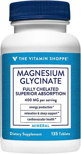 The Vitamin Shoppe Glicinato de magnesio 400 mg, magnesio totalmente quelado para una absorción superior, apoya la producción de energía, relajación