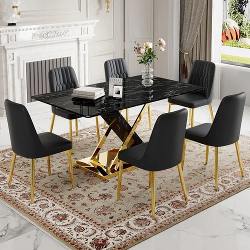 Vista 15 de Juego de mesa de comedor de mármol para mesa rectangular blanca de 4.63 pulgadas con marco de metal plateado en forma de X y 4 sillas de comedor
