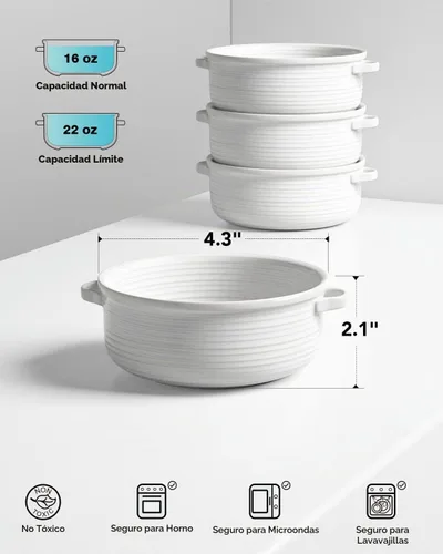 Vista 4 de LE TAUCI French Onion Soup Bowls with Handles, 22 oz, Set of 4, White Blanco