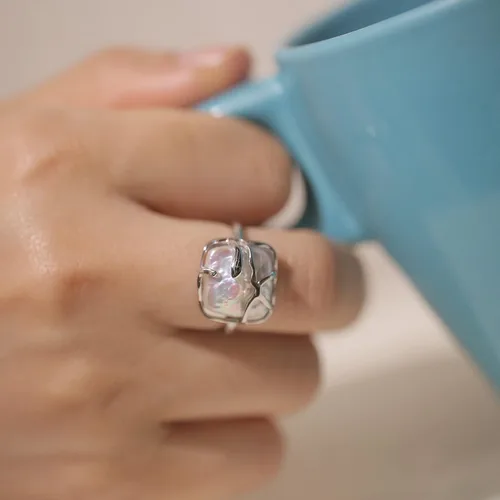 Vista 3 de SEEMSAY Anillo de Perla Barroca de Plata para Mujeres Anillo de Plata de Ley 925