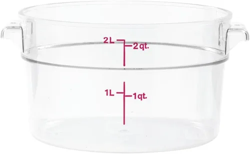 Vista 2 de Cambro RFSCW2135 Camwear Contenedor redondo transparente de almacenamiento de alimentos de 2 cuartos con tapa redonda transparente Cambro RFSCWC2135