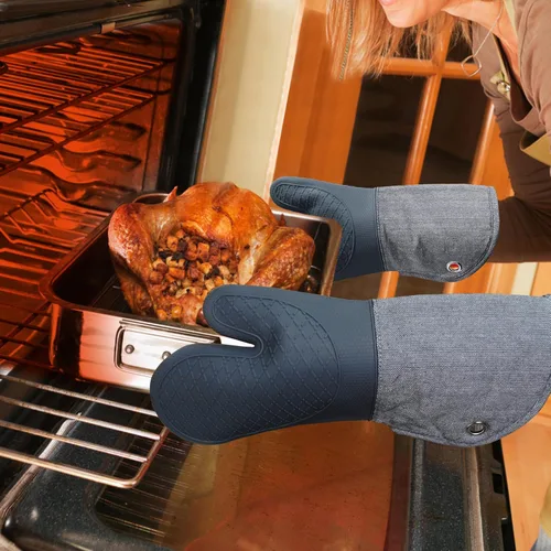 Vista 7 de Guantes profesionales de silicona para horno de microondas, un par, juego de guantes de cocina resistentes al calor con 500 grados, guantes