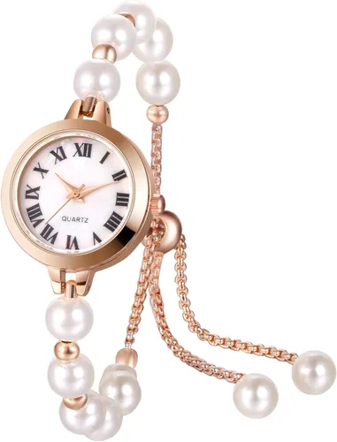 Vista 9 de JewelryWe Conjunto de reloj de pulsera de perlas: reloj de pulsera de cuarzo de oro rosa ajustable de acero inoxidable elegante con esfera redonda
