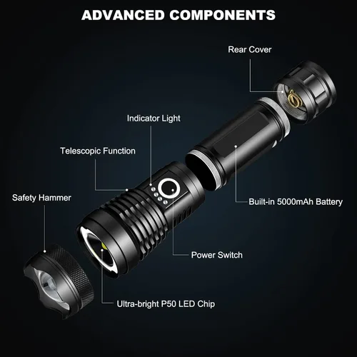 Vista 9 de Paquete de 3 linternas LED recargables de alto lumen, linterna súper brillante de 90,000LM, linterna potente ajustable de 5 modos con cable USB
